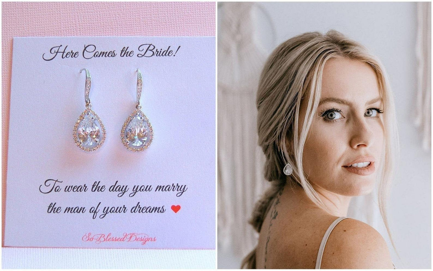 Bride wearing crystal teardrop earrings on wedding day