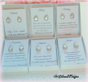 6 sets of teardrop bridesmaid earrings with personalized will you be my bridesamaid cards