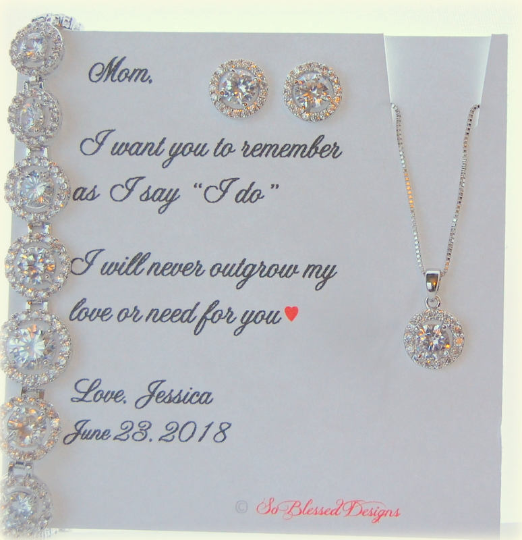 Three piece set of cubic zirconia earrings necklace and bracelet for mother of the bride