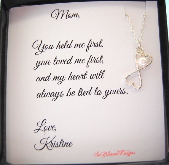 Sterling silver connecting hearts necklace with pearl charm on personalized mother of the bride card 