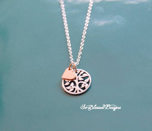 Sterling silver family tree necklace with tiny rose gold heart 