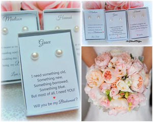 Pearl stud bridesmaid earrings with bridesmaid gift cards