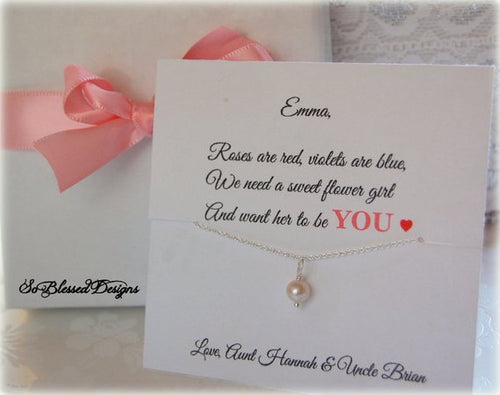Flower Girl Pearl necklace with personalized card 