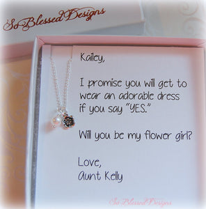 Flower Girl Necklace Gift displayed on personalized jewelry card 