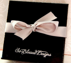Black So Blessed Designs gift box with grey ribbon bow