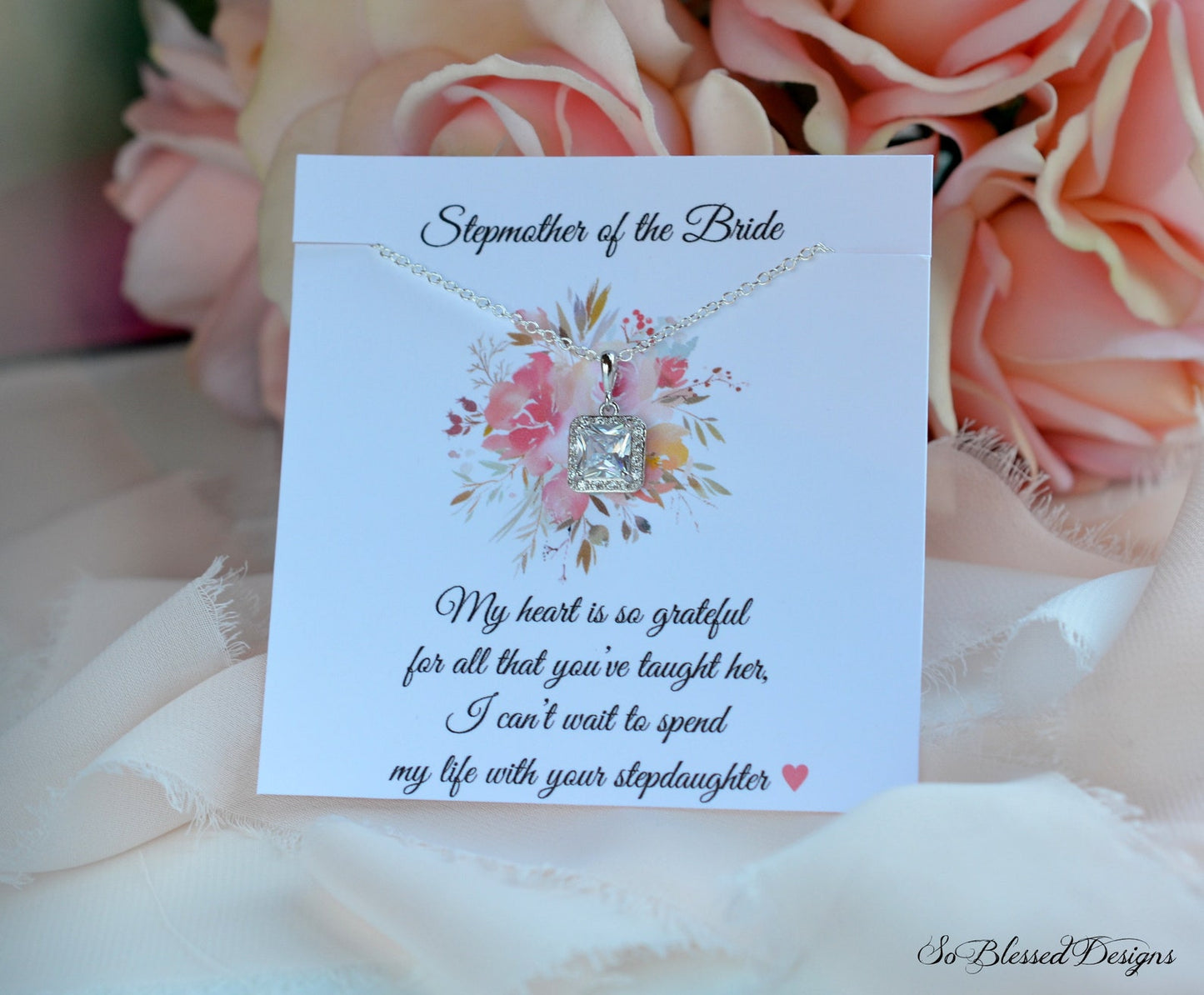 Stepmother of the Bride poem card with Silver CZ square necklace attached to card