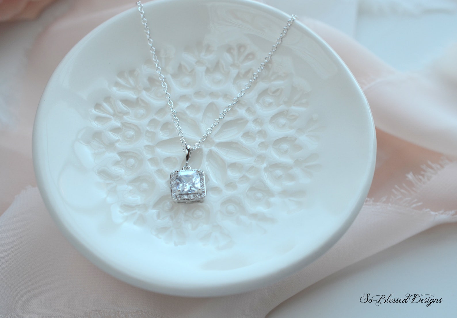Silver CZ pendant of princess cut necklace