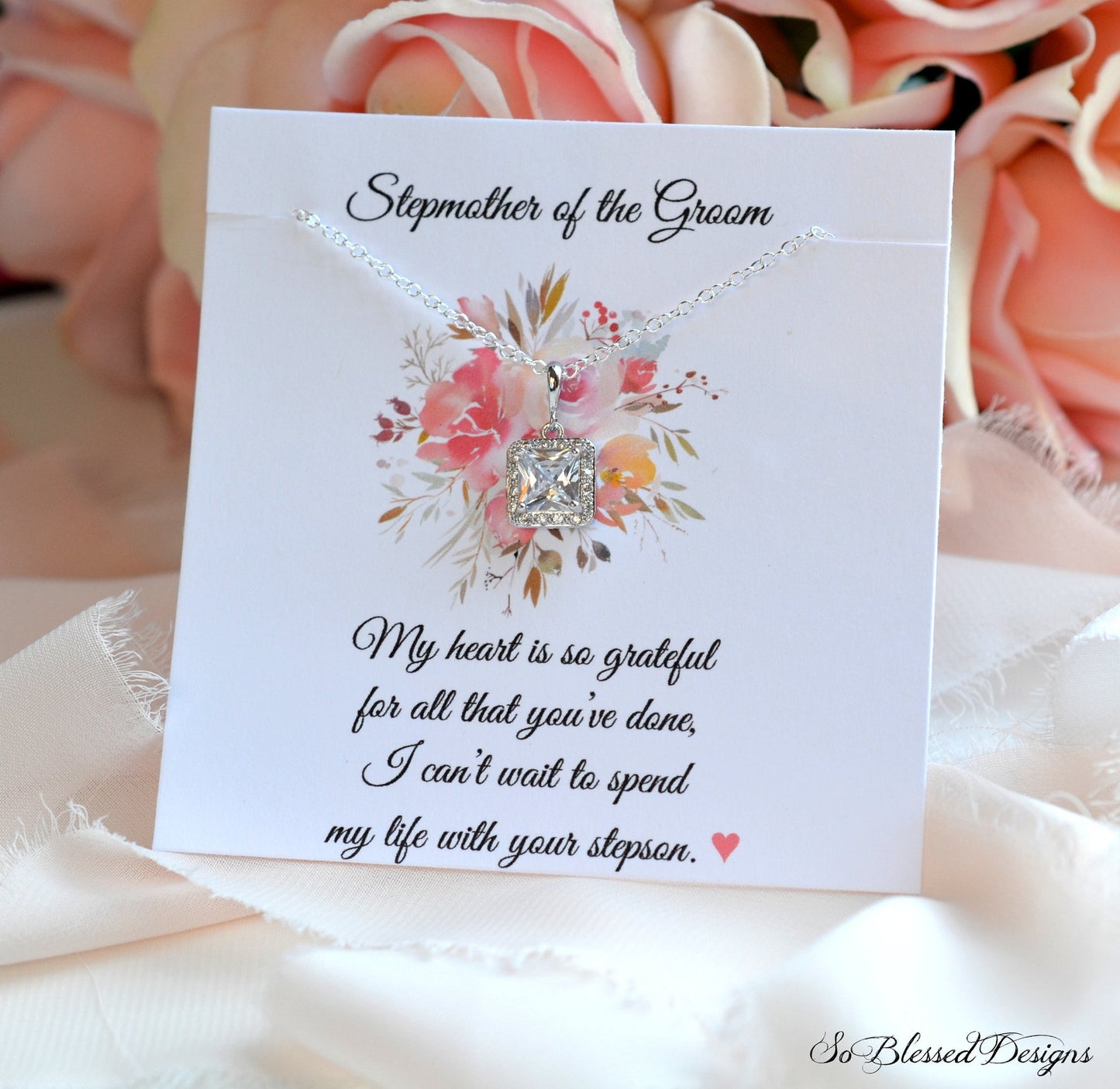 Stepmother of the Groom poem card with Silver CZ necklace displayed on card