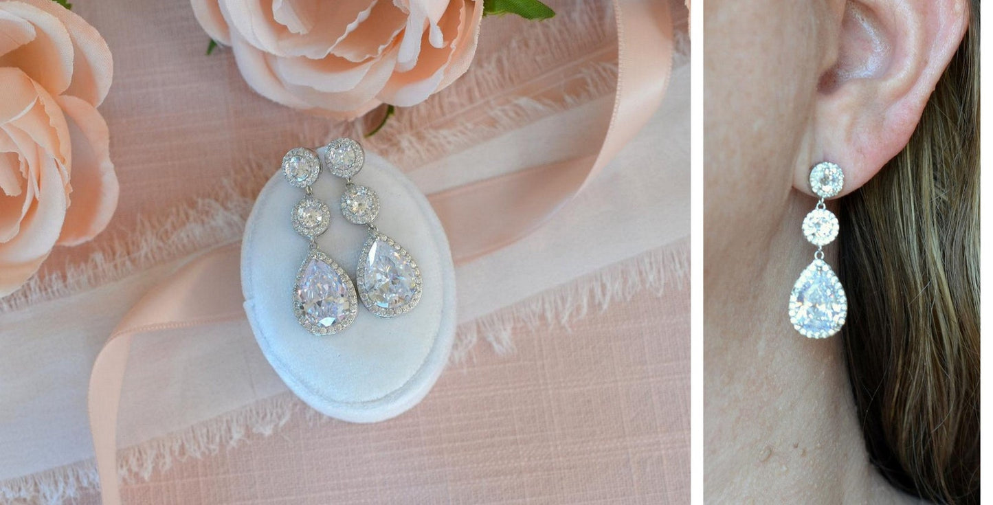 Alicia Long CZ Drop Bridal Earrings