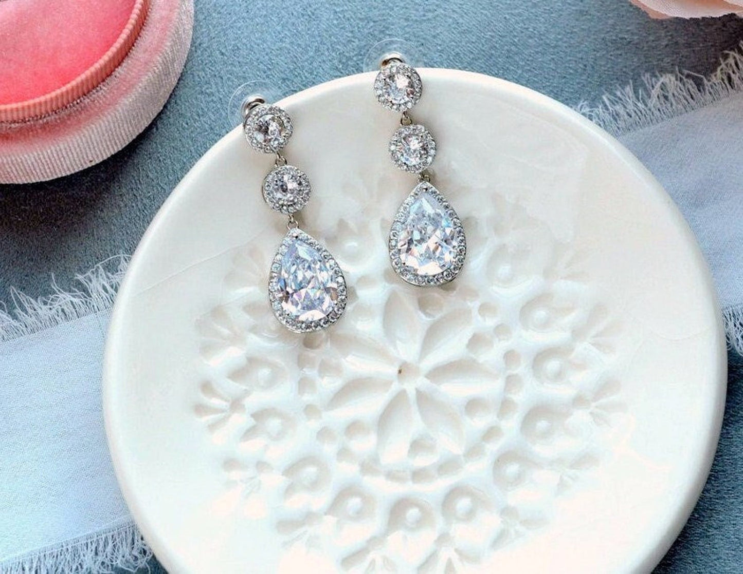 Alicia Long CZ Drop Bridal Earrings