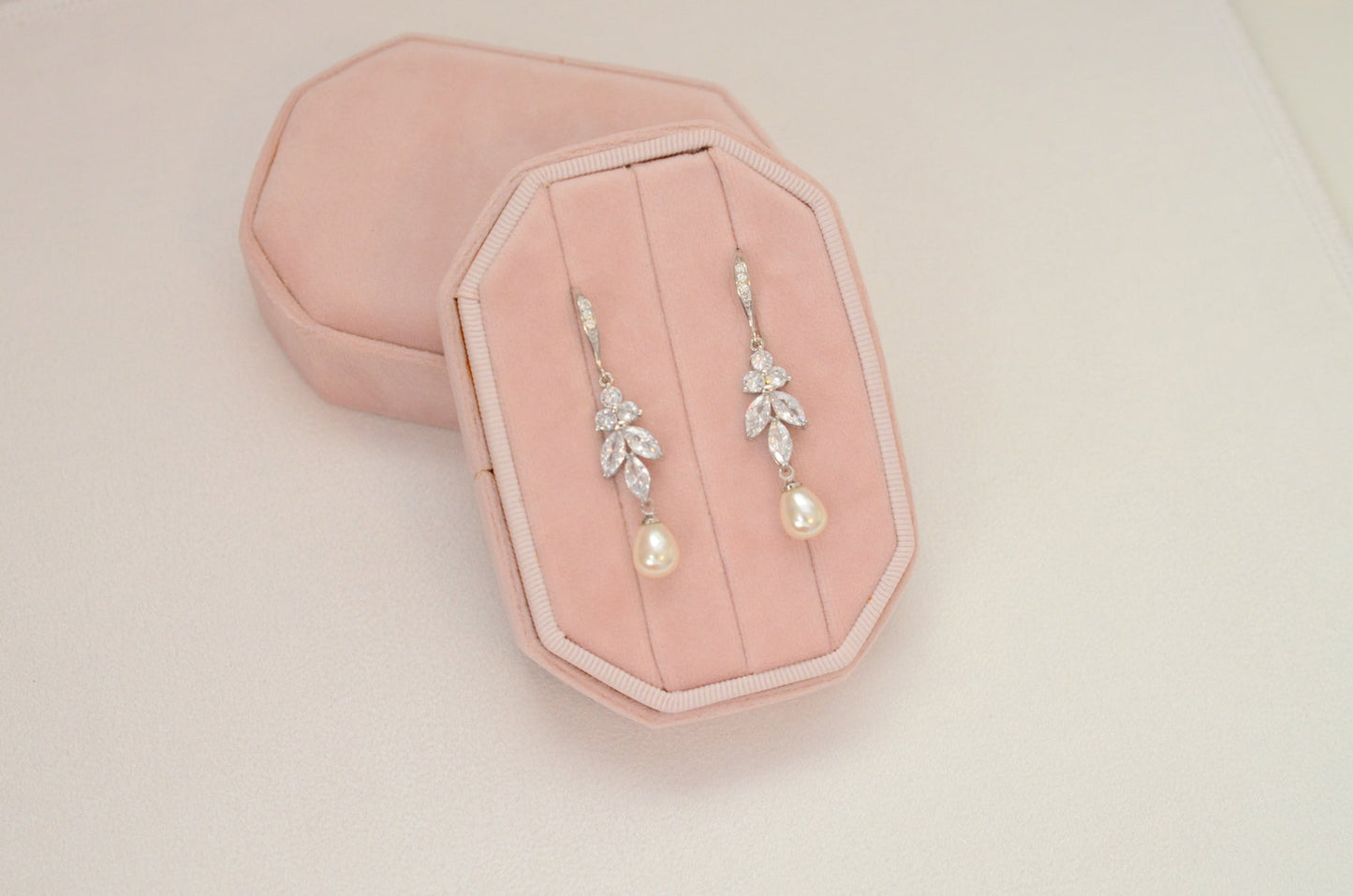 Long Pearl and CZ Earrings for Bride