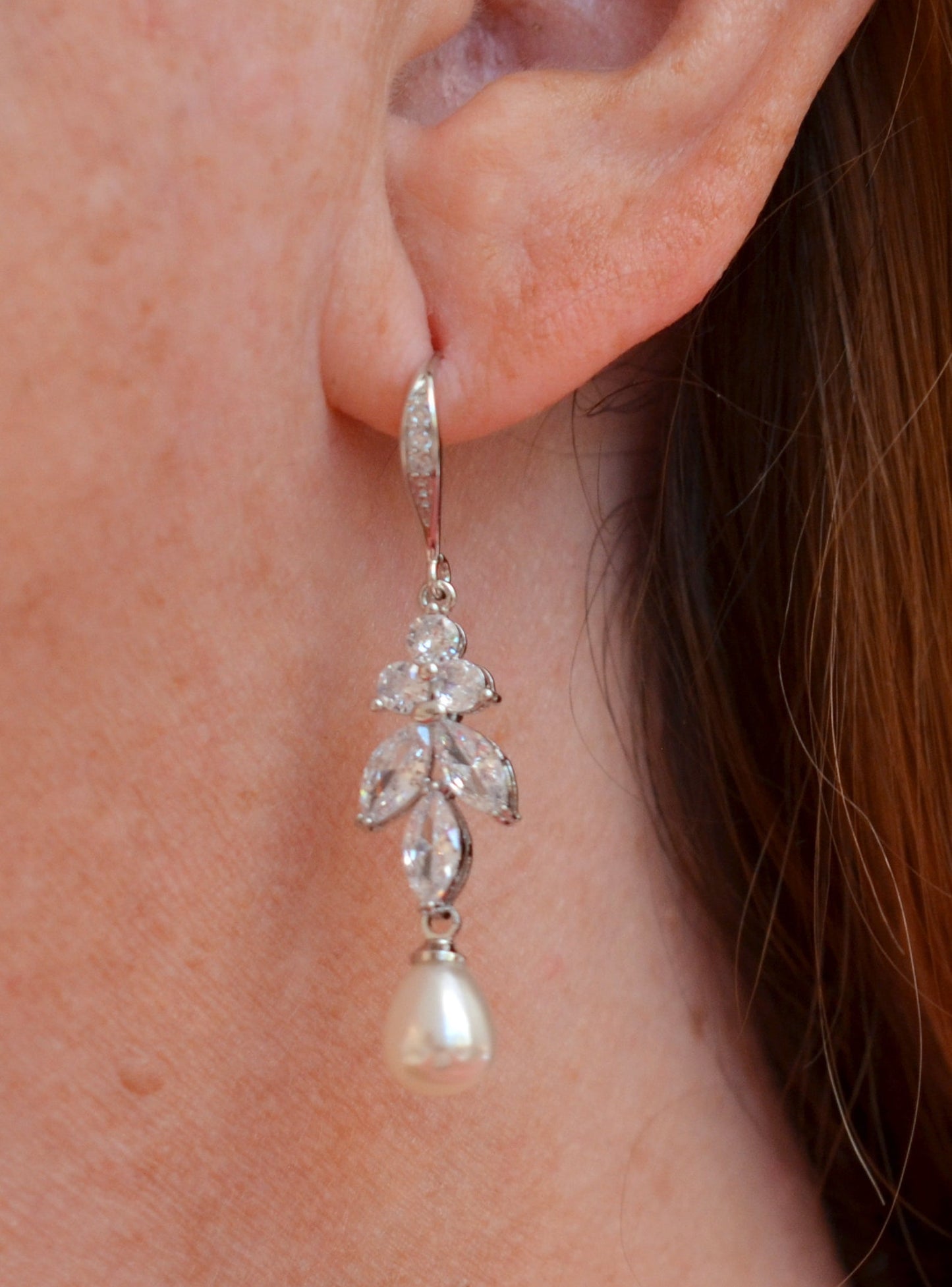 Long Pearl and CZ Earrings for Bride