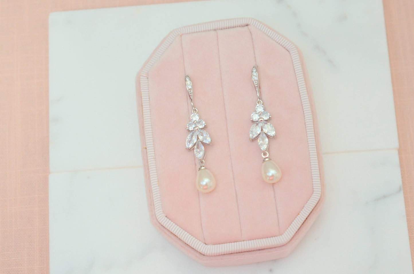 Long Pearl and CZ Earrings for Bride