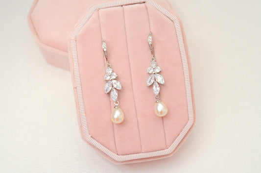 Long Pearl and CZ Earrings for Bride