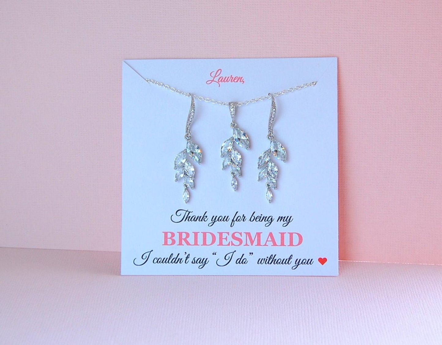 crystal earrings displayed on a bridesmaid jewelry card