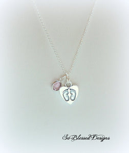 silver footprints necklace with birthstone