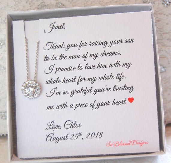 Elegant Cubic Zirconia Necklace for future Mother in Law displayed on personalied jewelry card