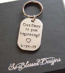 Silver our story is just beginning keychain with wedding date