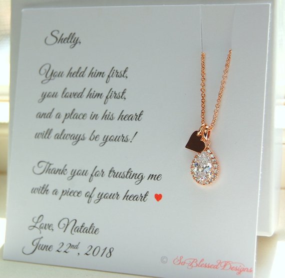 Rose Gold CZ necklace for Mother of the Groom on personalized jewelry card